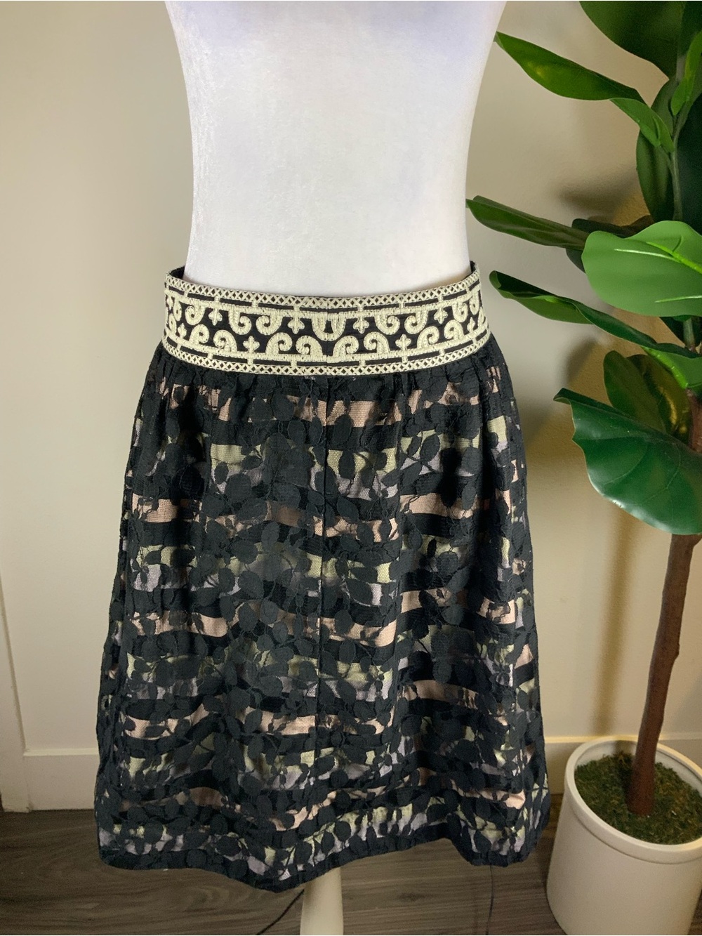 Floreat Black Lace A-Line Skirt with Cream Embroidered Waistband
